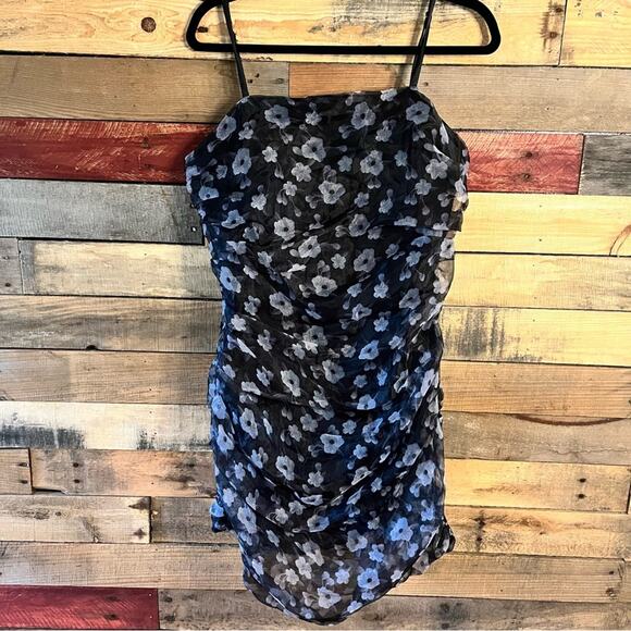 Lulus Evening‎ Impression Black Floral Organza Ruched Mini Dress Size Large - Picture 1 of 9